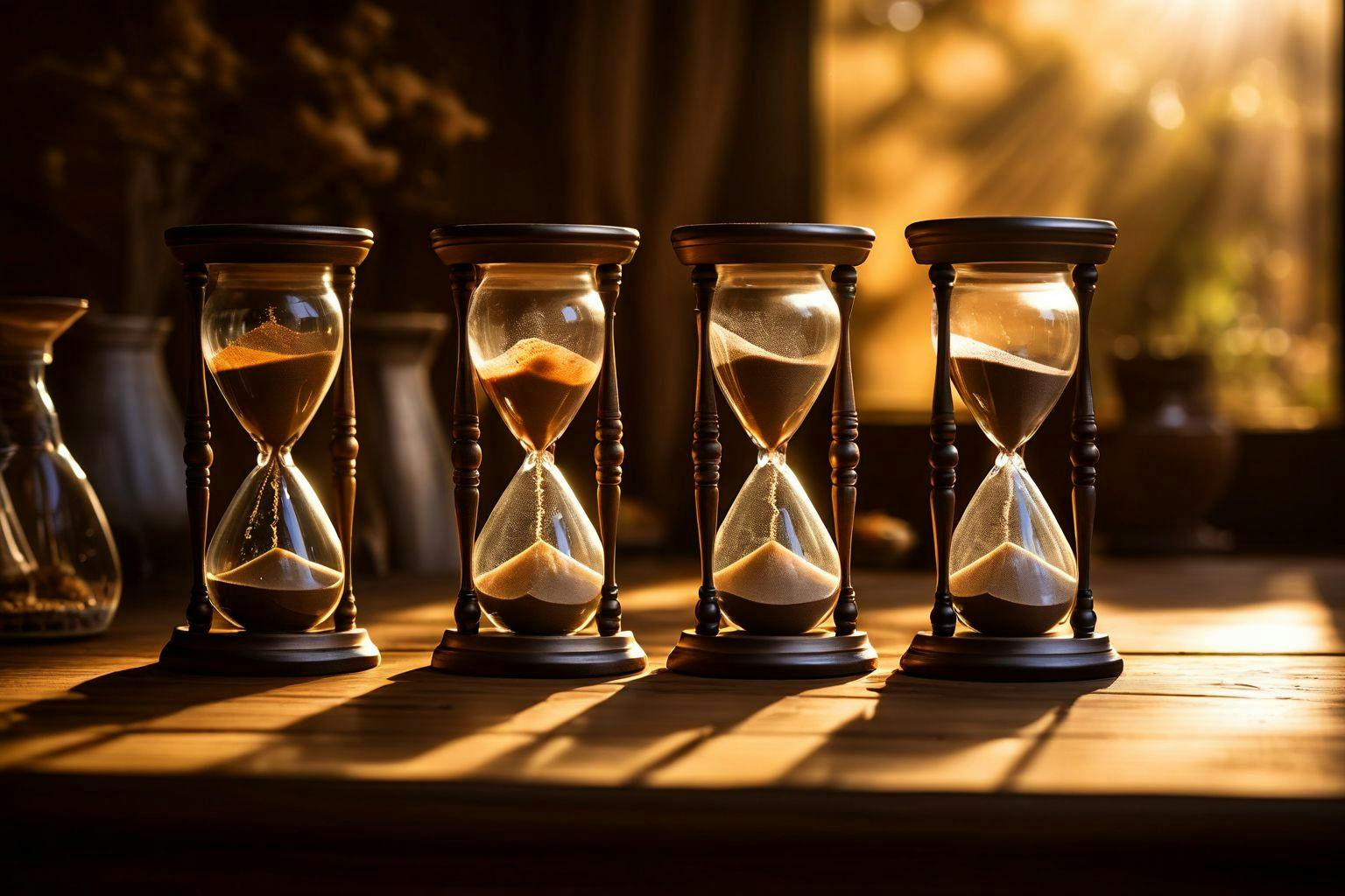 A sequence of hourglasses with sand flowing, on a wooden table, depicting the concept of timing, in a warm indoor setting, Photographic, with soft light highlighting the sand's movement.