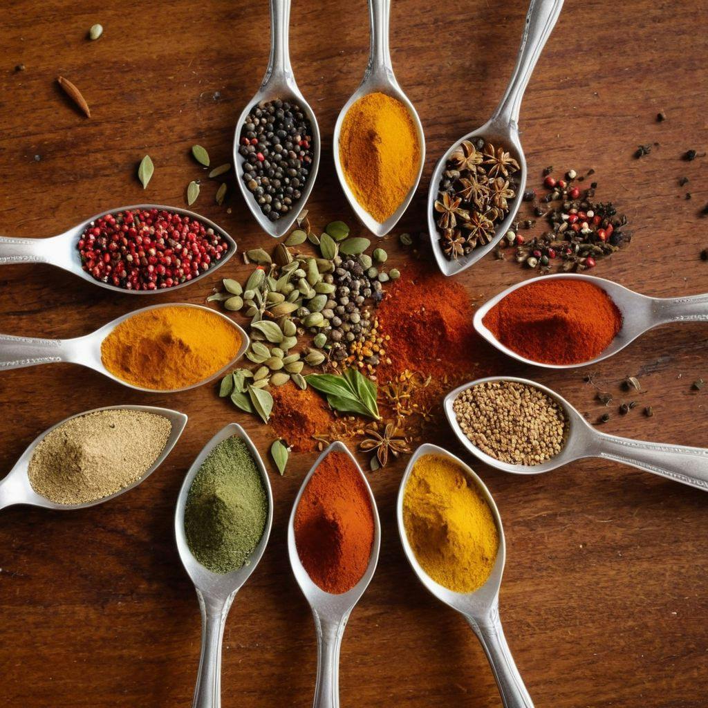An array of colorful spices on spoons arranged in a semi-circle, symbolizing variety, captured from above, Photographic, with a sharp focus and bright, natural lighting.