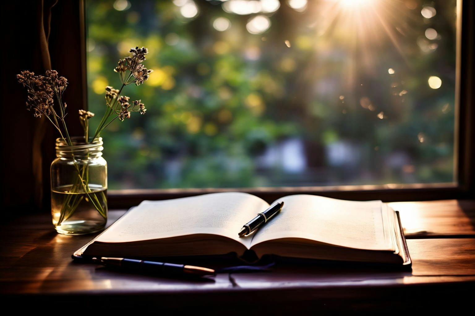 An open journal with a pen resting on it, on a wooden desk, beside a softly lit window, evoking a sense of intimacy and storytelling, Photographic, with a shallow depth of field.