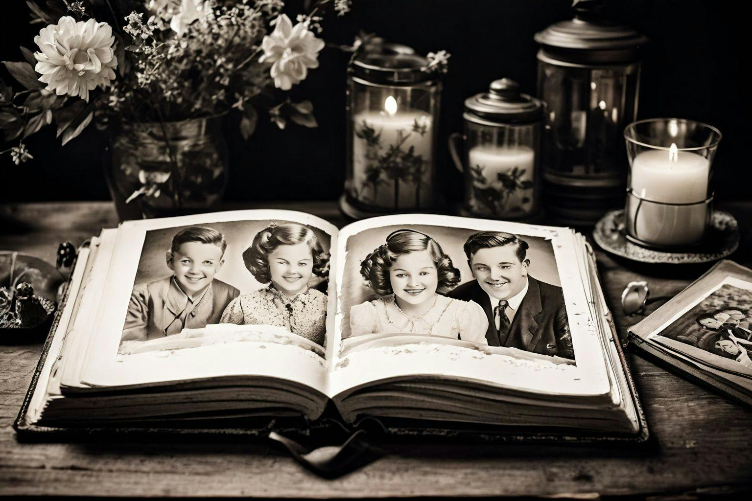 A vintage photo album open on a table with black and white family photos, symbolizing personal history and storytelling, Photographic, captured in natural light with a nostalgic atmosphere.