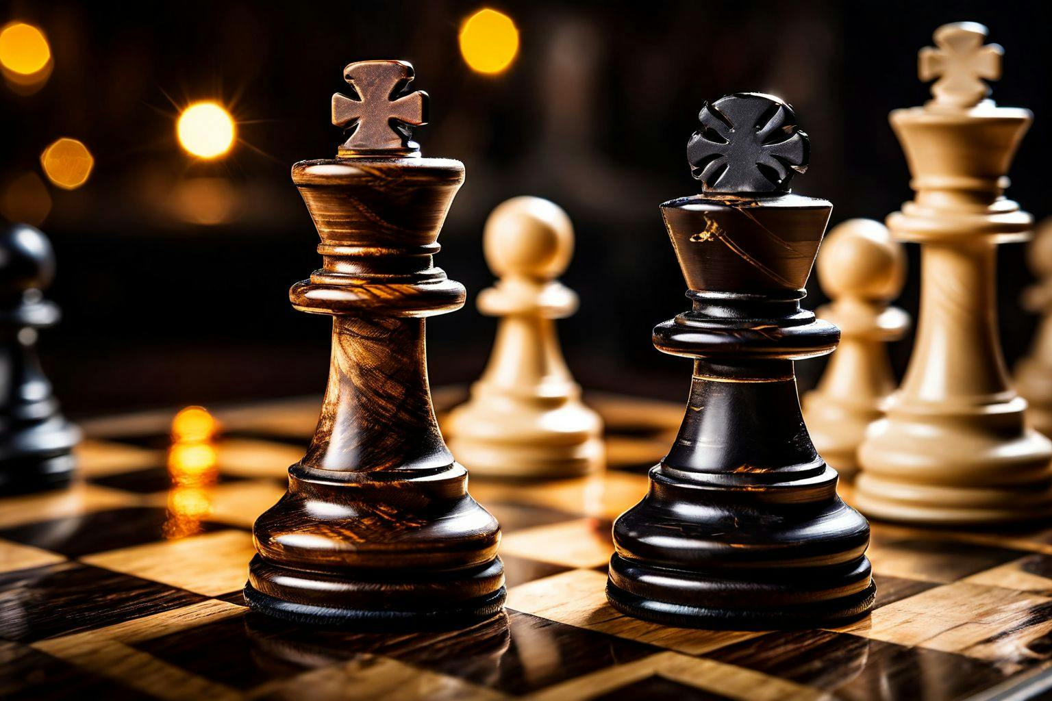 Two chess pieces facing each other on a chessboard, symbolizing strategy and confrontation, Photographic, with a close-up shot and a focused, dramatic lighting.