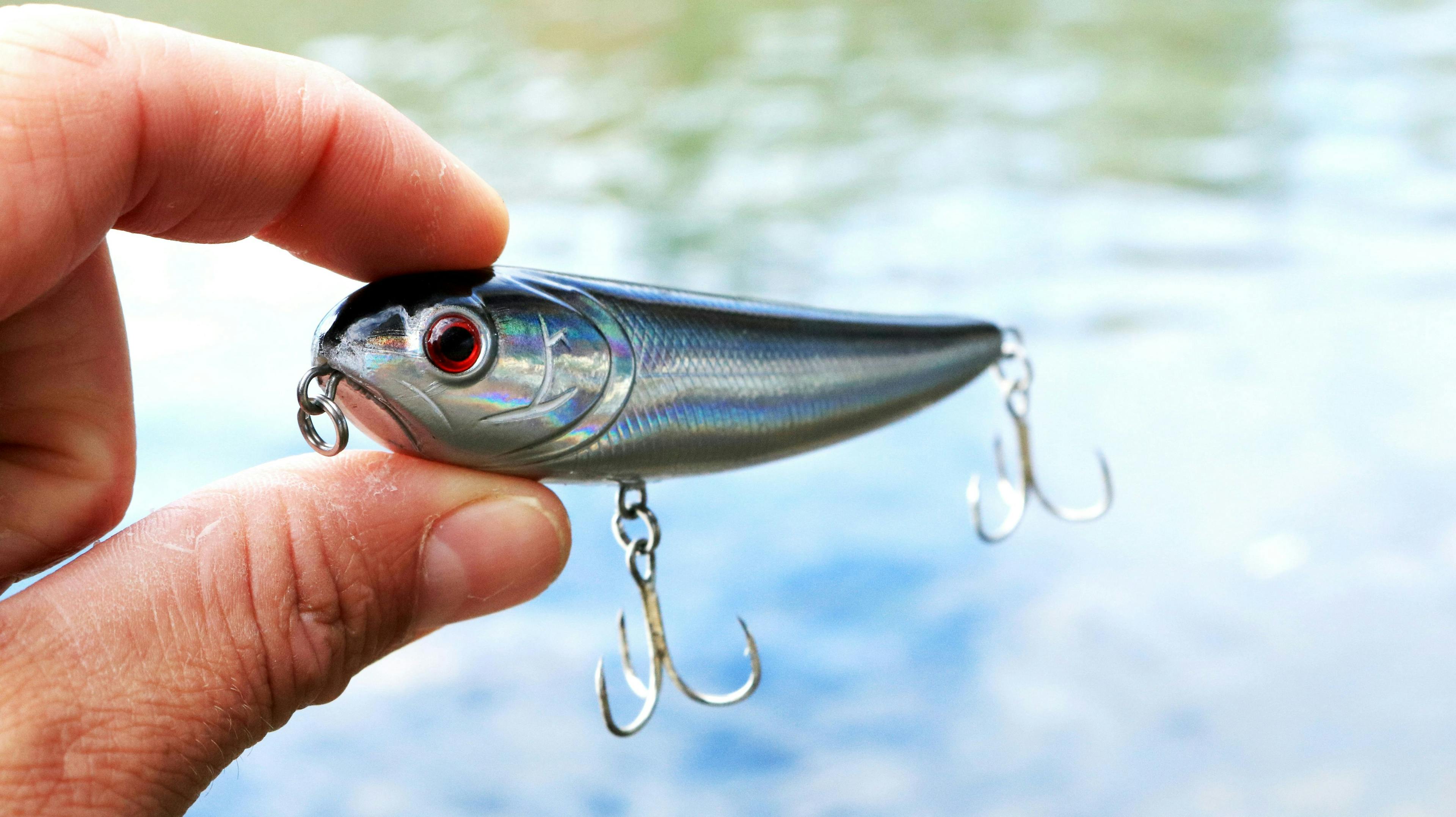 a person holding a fishing lure in front of a body of water