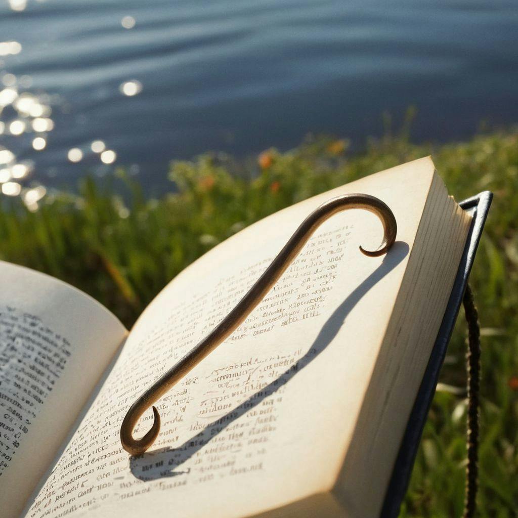 A fishing hook gently resting on an open book, symbolizing the concept of a hook in writing, captured in a serene outdoor setting, Photographic, with a macro lens and natural lighting.