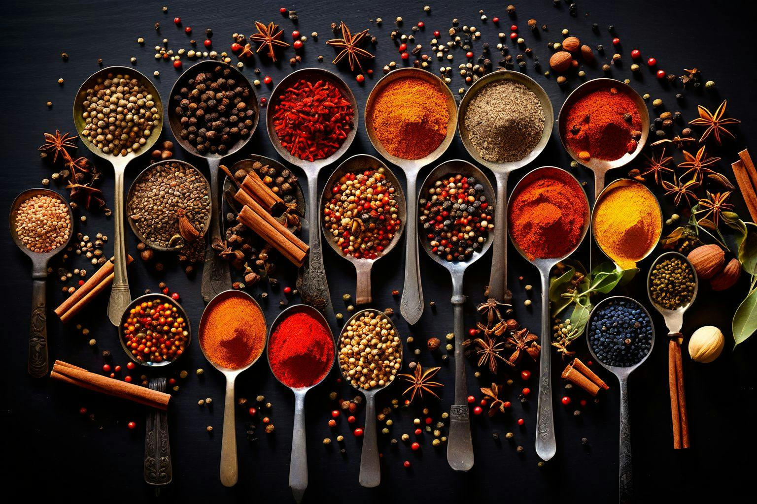An array of colorful spices on spoons arranged in a semi-circle, symbolizing variety, captured from above, Photographic, with a sharp focus and bright, natural lighting.