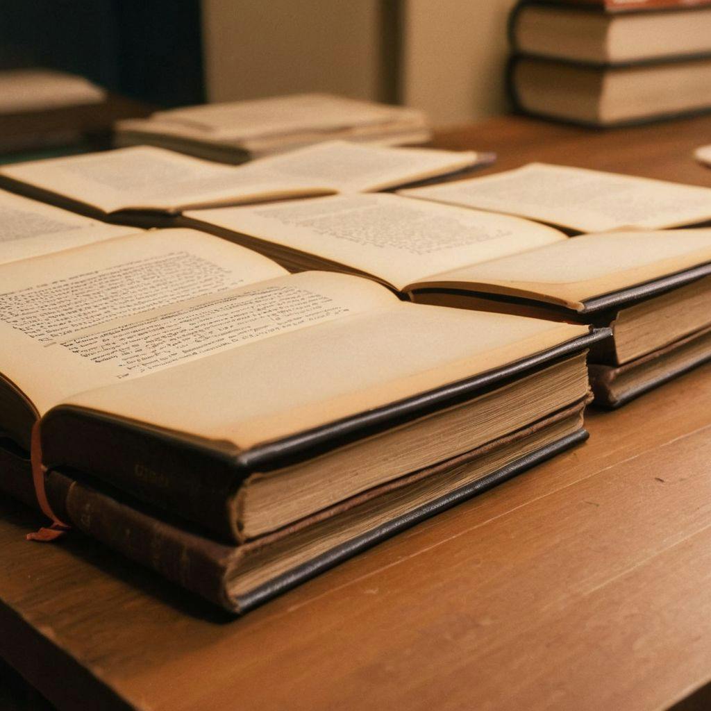 Several open books on a desk with labels showing different types of commentary essays, in a neat and organized study environment, with a clear and educational feel, Photography, captured from a high angle using a sharp focus lens, under soft ambient lighting.