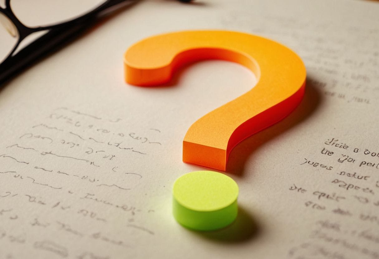 Close-up of a question mark on paper with colorful highlighter marks around, on a desk with books and glasses, with focused, soft lighting, Photographic, Macro Photography showcasing the detail of the paper texture and the vibrant colors of the highlighters.