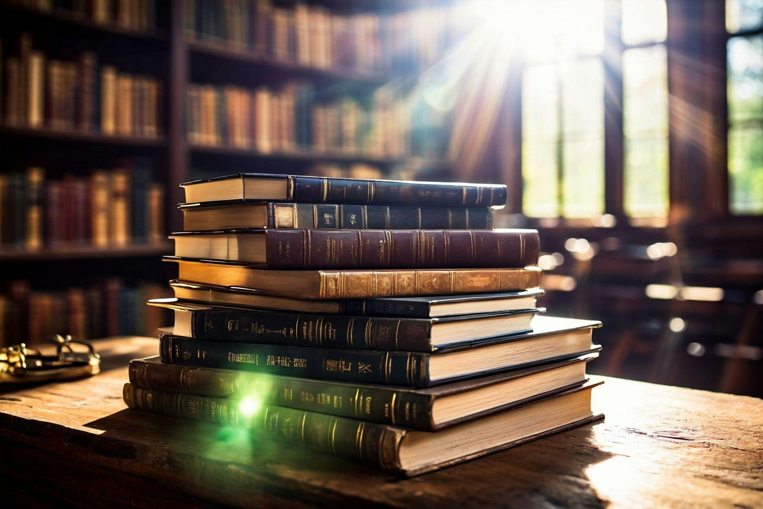 Stacks of books with a solid foundation on a wooden desk, one book open with highlighted text, in a library setting, with natural light, Photographic, Photography capturing the depth of the stacks and the open book's detail.