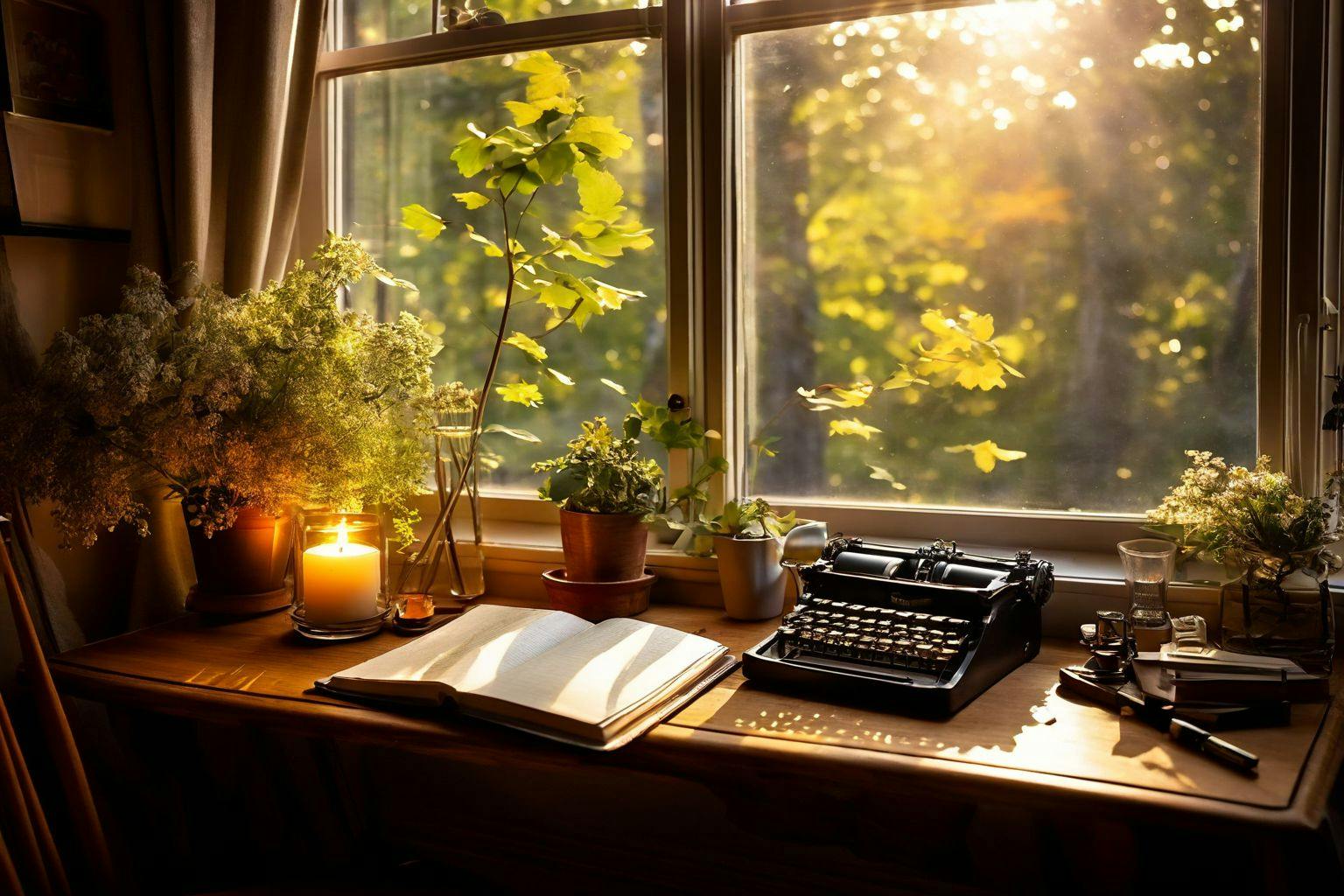 Cozy, well-lit corner with a comfortable chair, a small table with a notebook and pen, suggesting a personal, introspective writing space, Photography capturing warmth and comfort inviting storytelling.