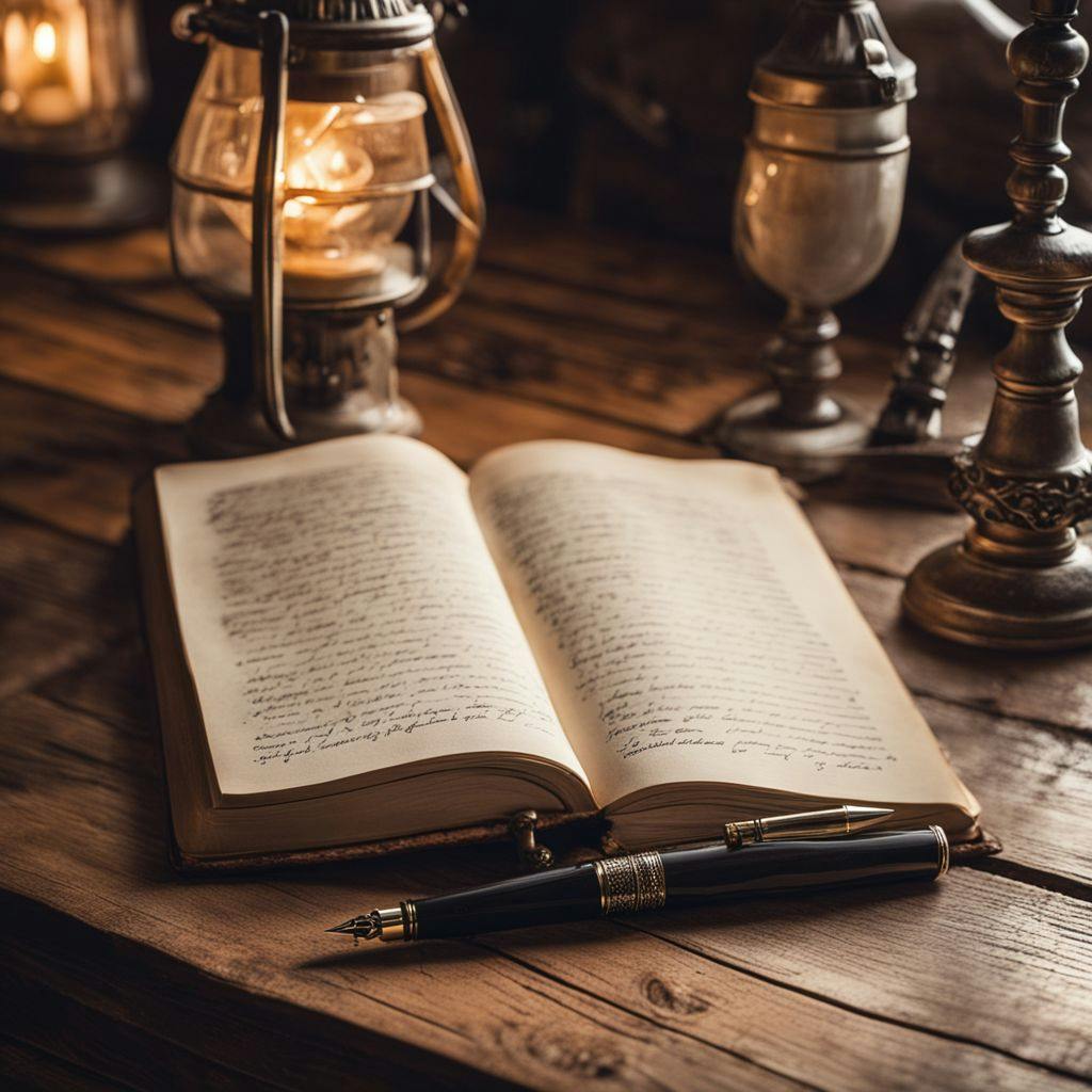 Open journal with handwritten text and a fountain pen on a vintage wooden table, ambient room light, Photography with a focus on the journal and pen, capturing the feeling of personal storytelling.