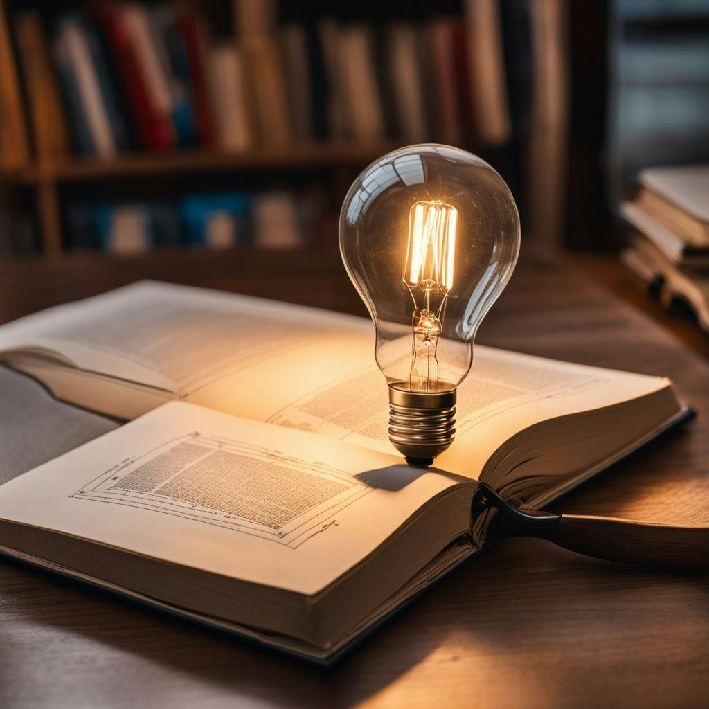 An open book with lightbulb drawn on one page, symbolizing idea generation and critical thinking, in a bright, indoor setting, Photographic, using a macro lens for detail and soft natural light.