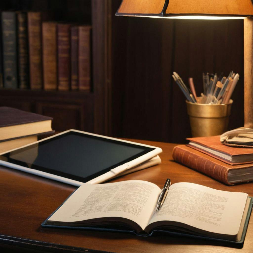 Open books and a digital tablet displaying research data on a clean, organized desk, highlighting the preparation for essay writing.