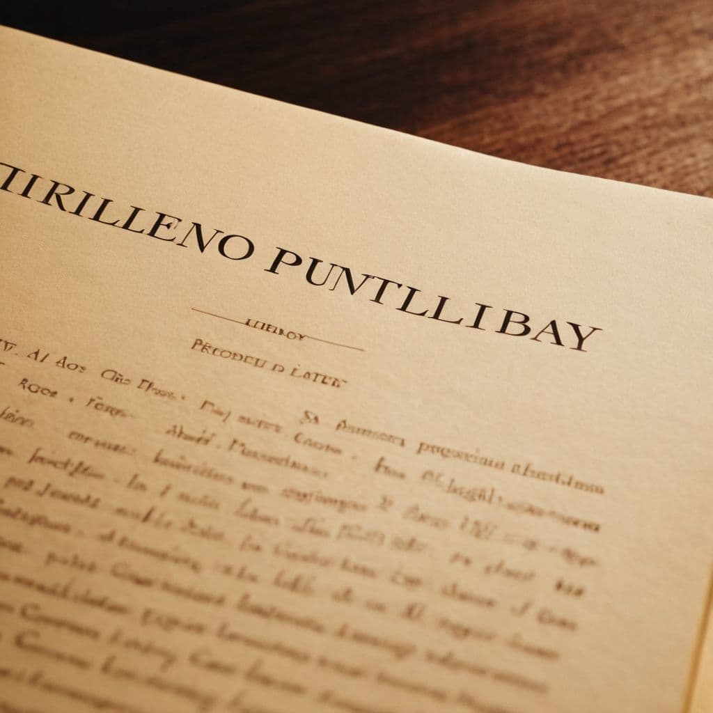 Primer plano de la portada de un ensayo académico con título genérico y decoraciones sutiles, sobre una mesa de biblioteca con libros de fondo, Fotográfico, capturado con una lente macro enfocando en los detalles del texto bajo la iluminación ambiental de la biblioteca.