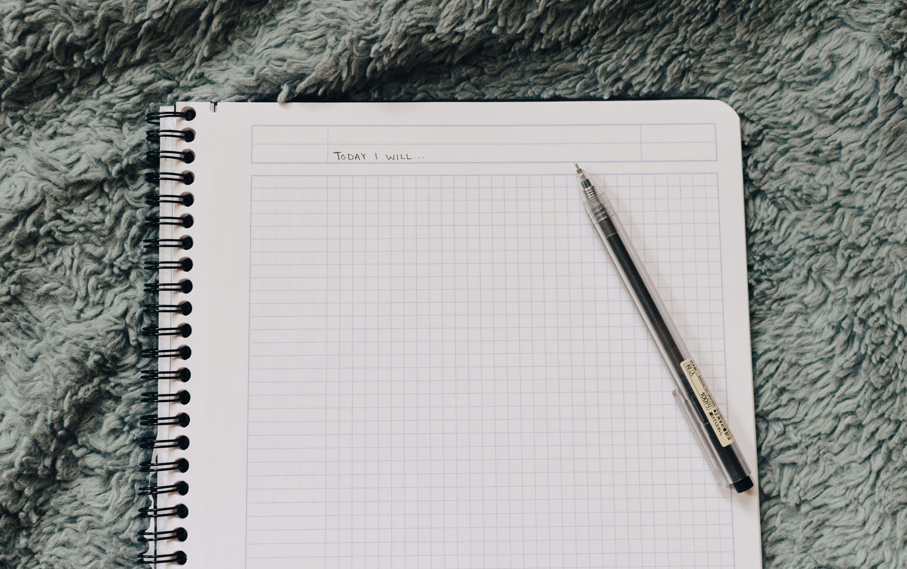 un cuaderno con un bolígrafo sobre una manta peluda