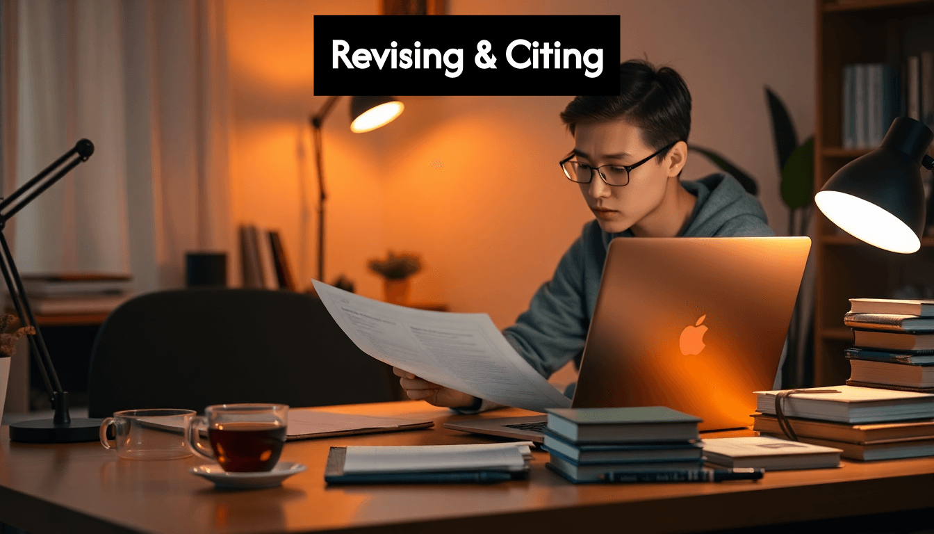 노트북에서 초안을 수정하는 대학원생