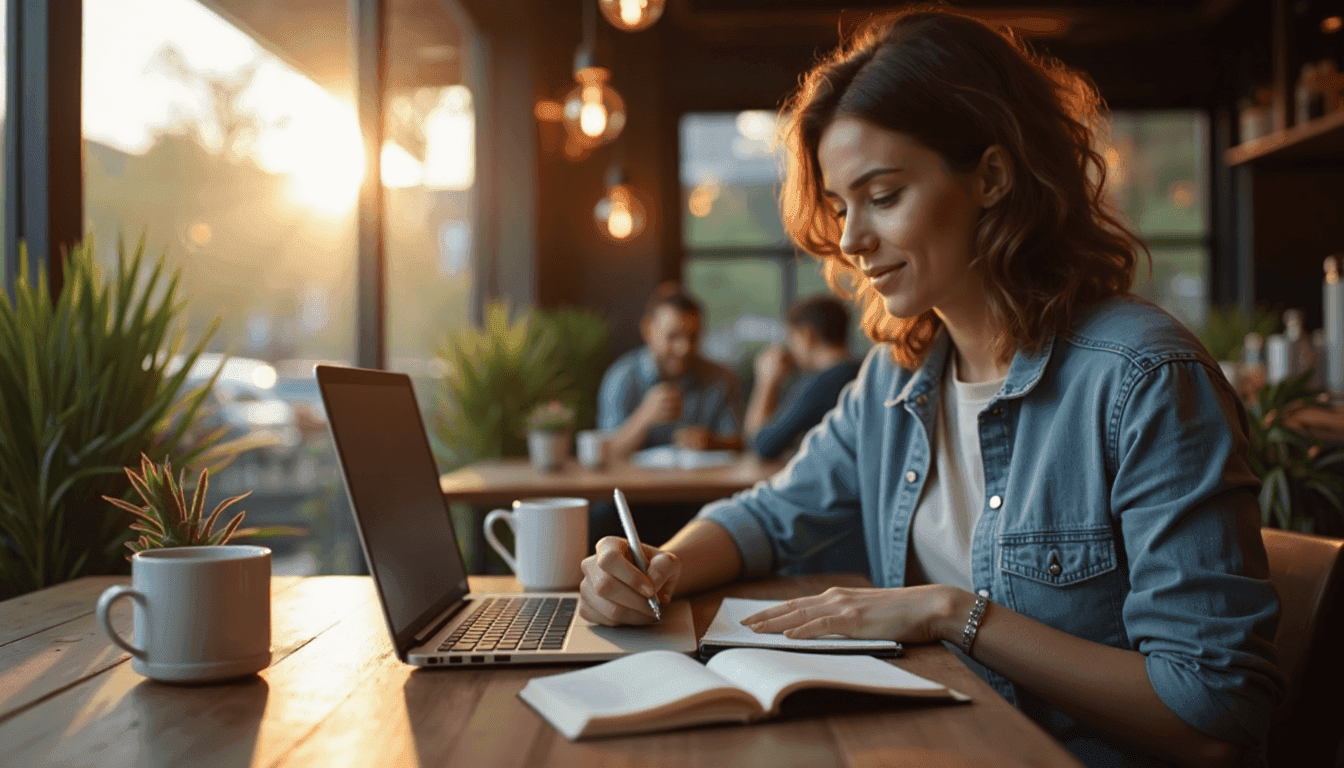 Pisec ureja prilagodljivo vsebino na prenosniku v kavarni