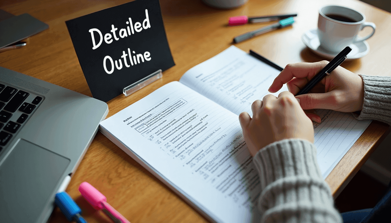 Student schrijft gedetailleerde essayopzet aan zonnig bureau