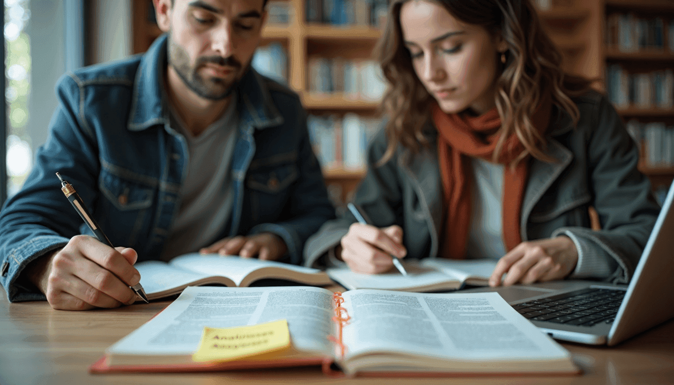 Estudantes realizando análise estruturada de literatura, Abordagens de Análise em nota adesiva, em biblioteca aconchegante