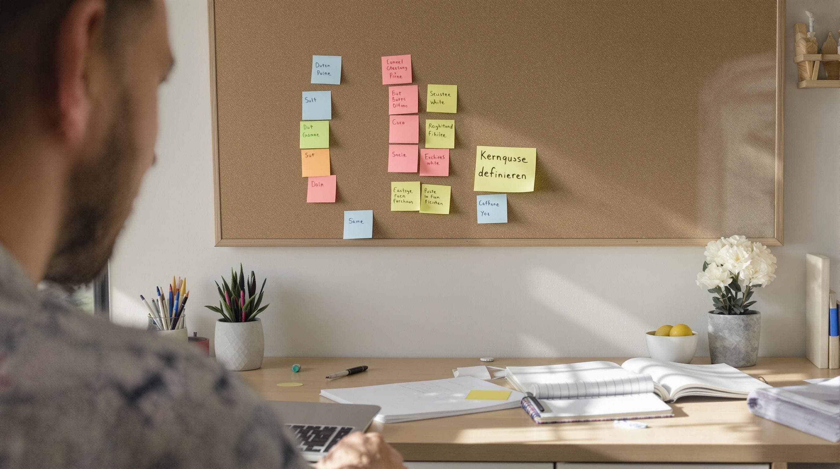 Študent organizira zapiske za uvod z Določitev osrednjega vprašanja na lepljivem listku.