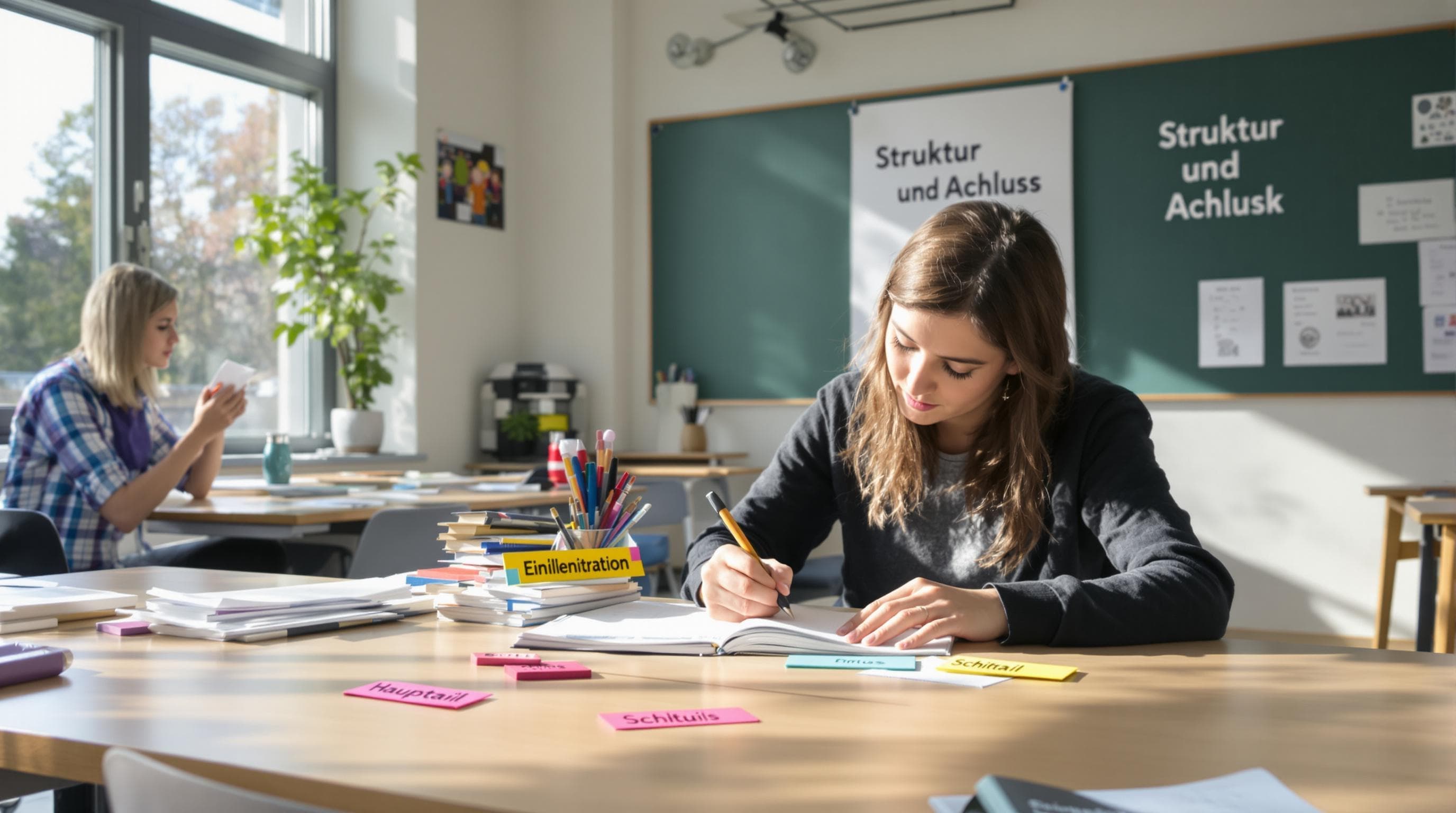 Estudante esboça estrutura de ensaio com notas rotuladas na sala de aula