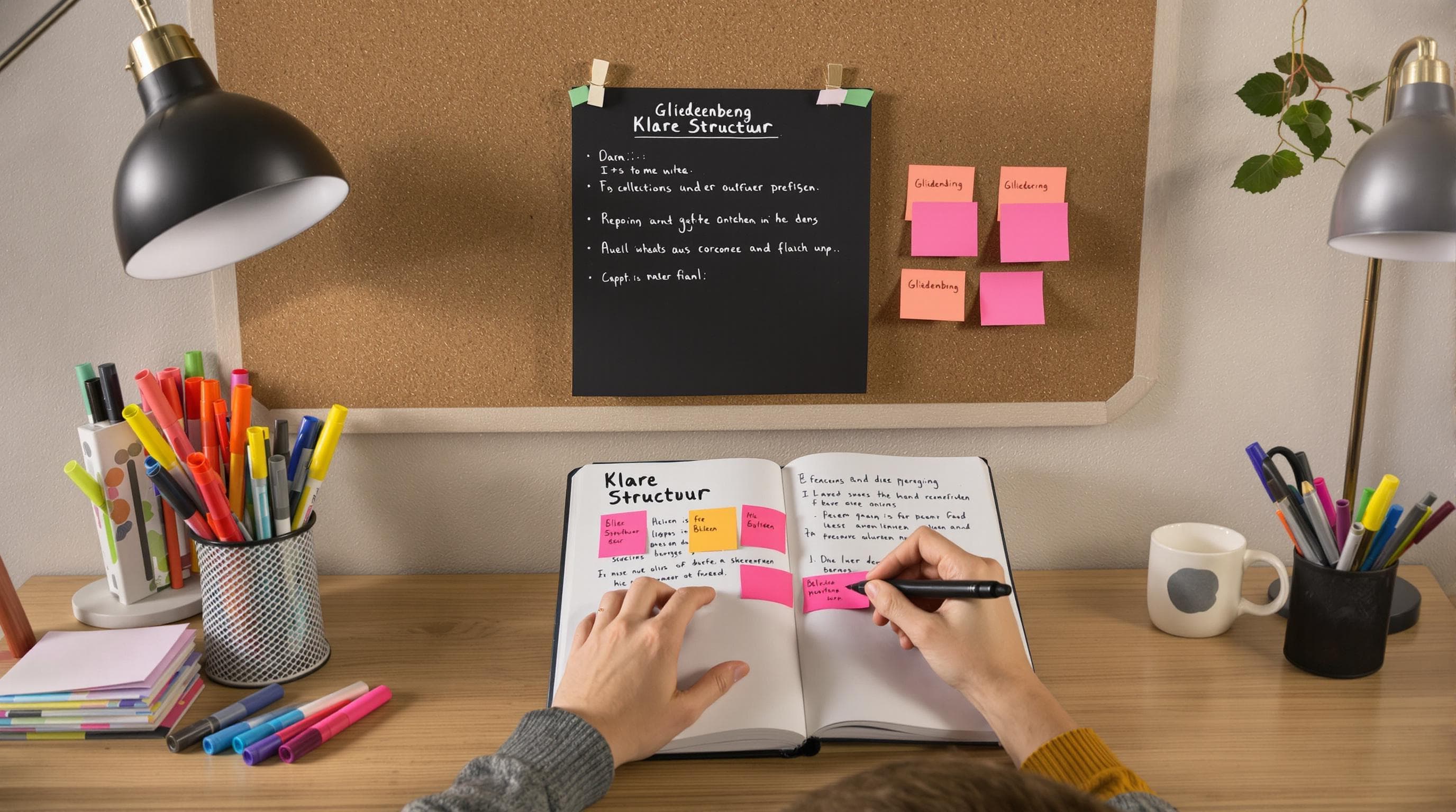 Estudante organizando a estrutura do ensaio com esboço e notas