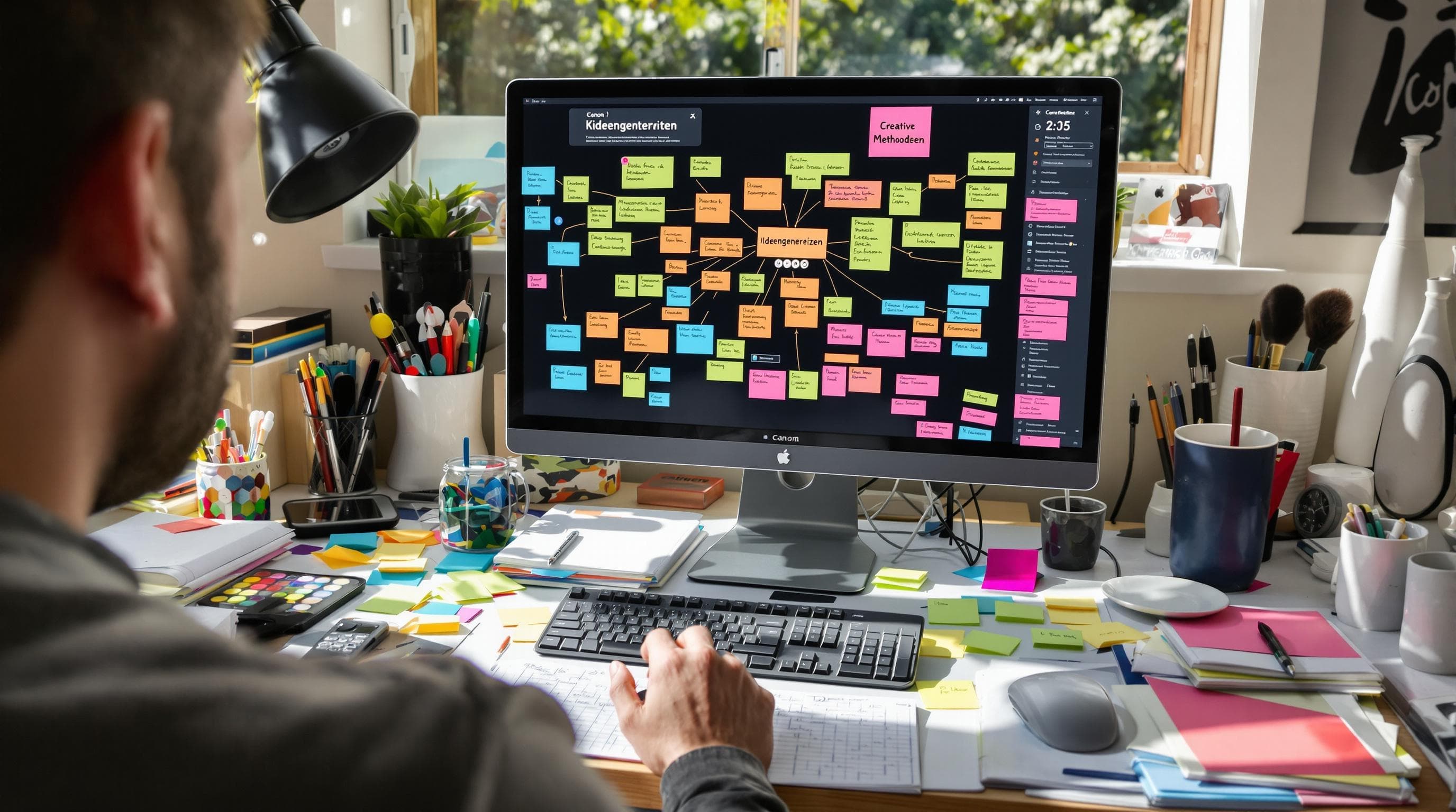 Brainstorming de ideias criativas com mapas mentais e anotações na mesa