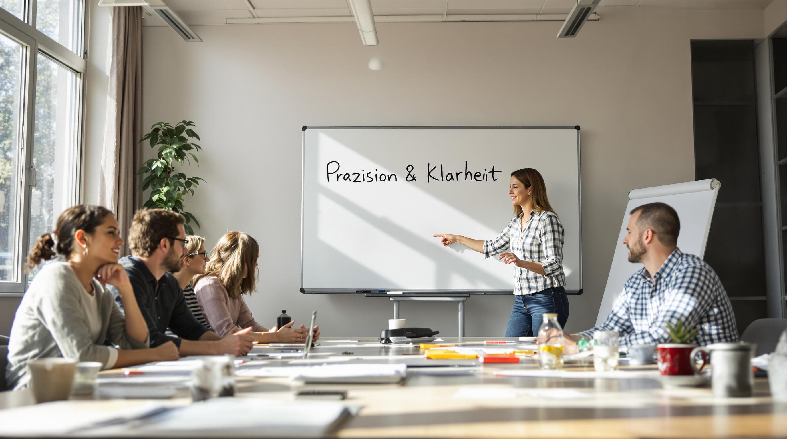 Instructeur wijst naar Precisie & Duidelijkheid op whiteboard tijdens groepsschrijfsessie