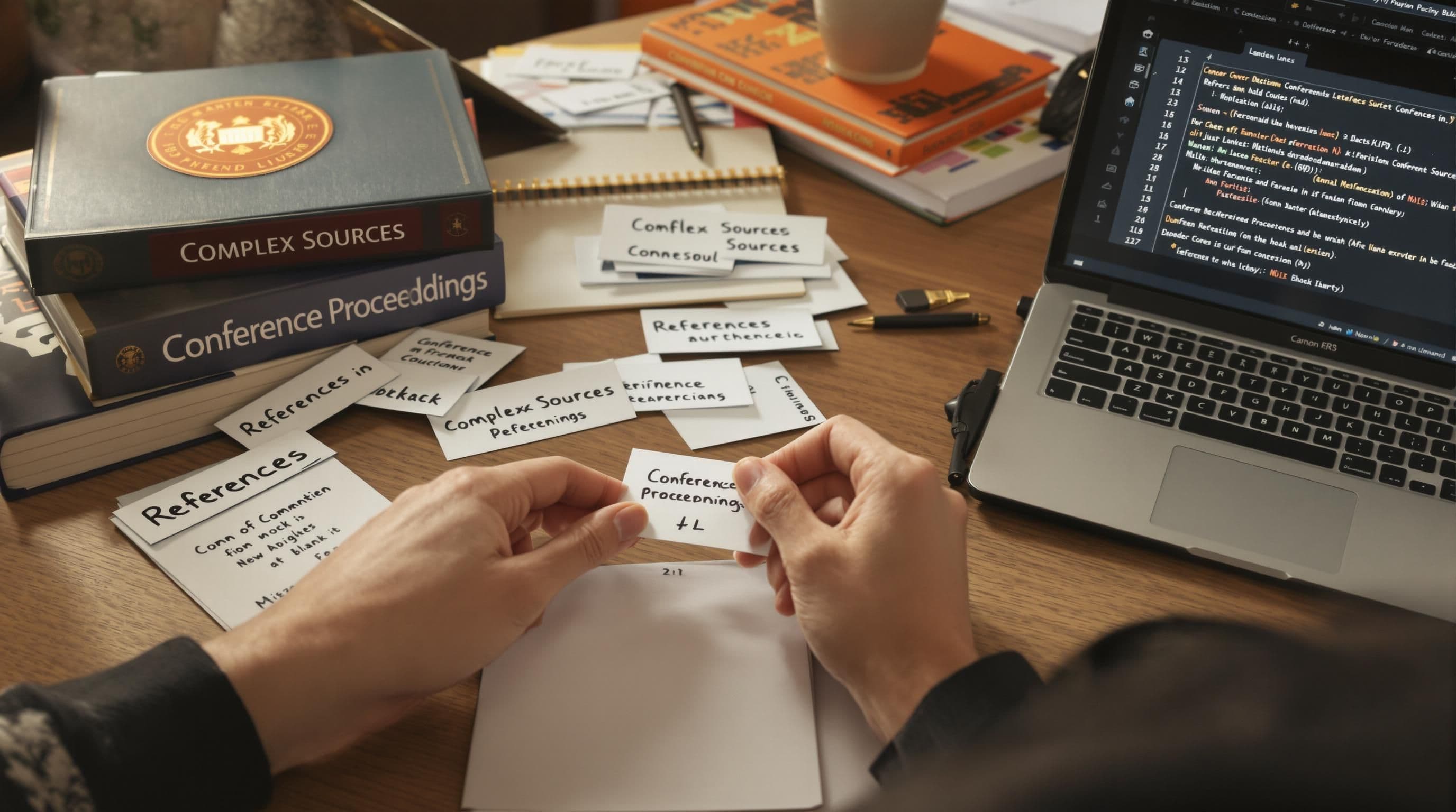 Student die complexe referenties organiseert met boeken, laptop en tablet