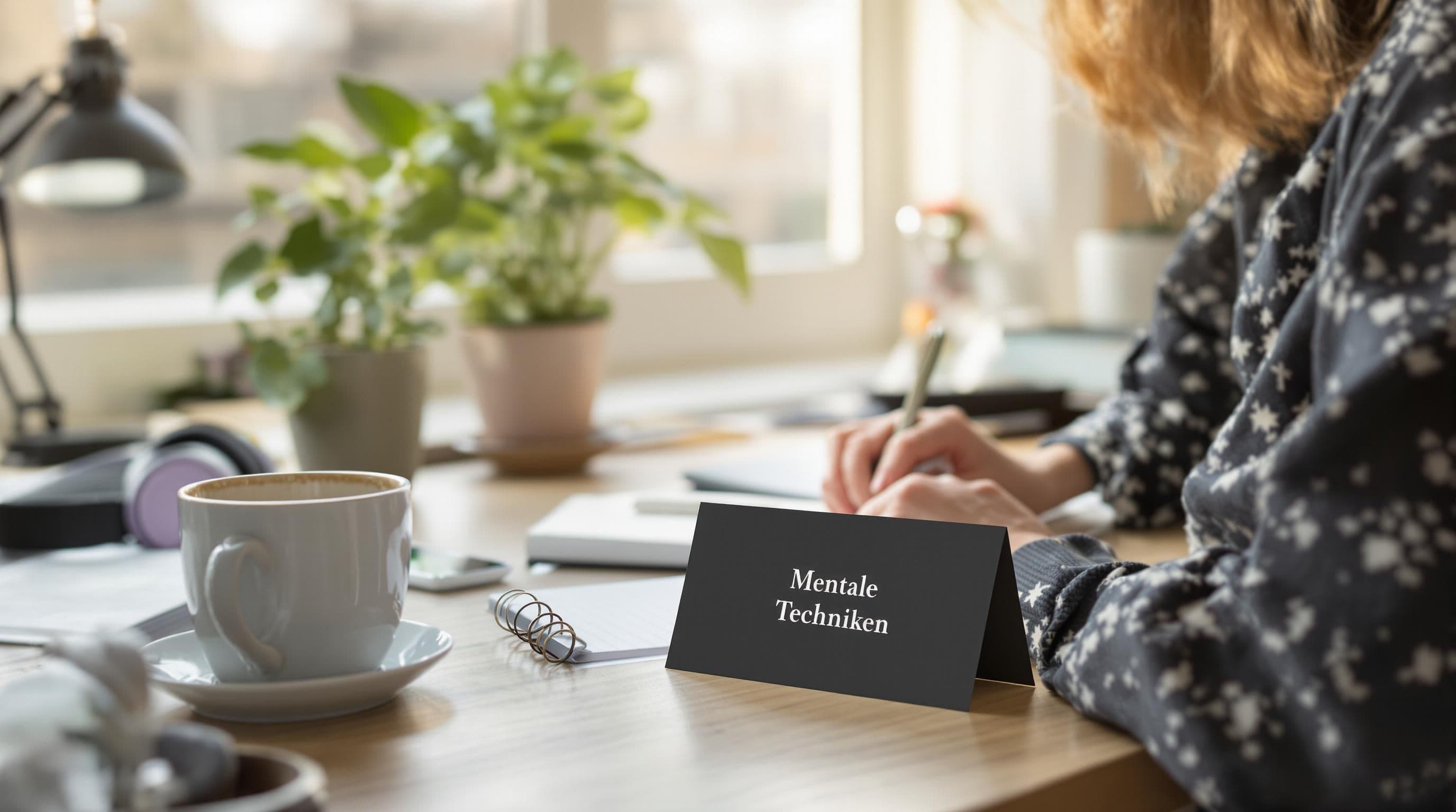 Estudiante usando atención plena para superar el bloqueo al escribir con el letrero Técnicas Mentales