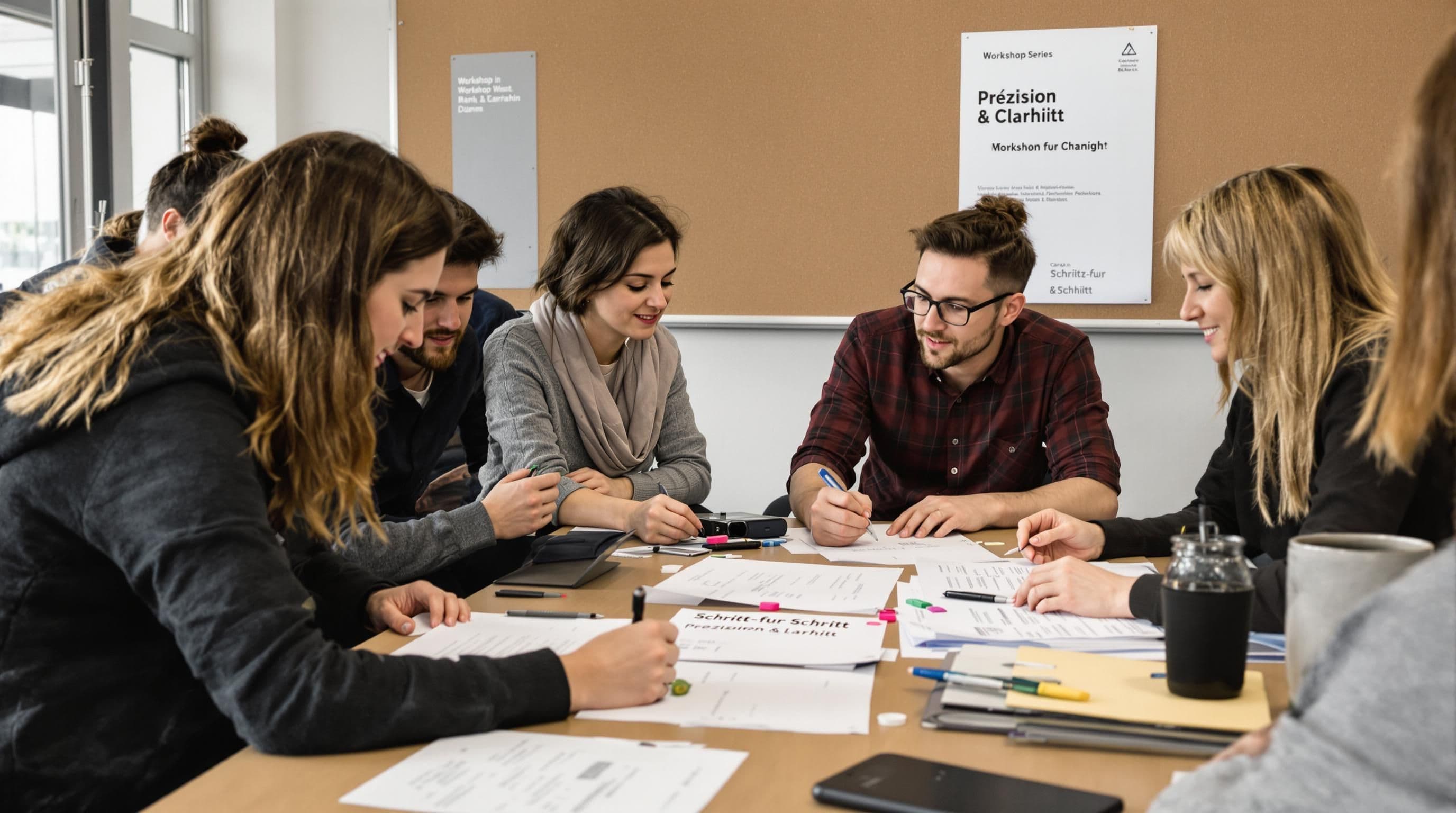 Étudiants discutant de recherche et de notes avec précision et clarté