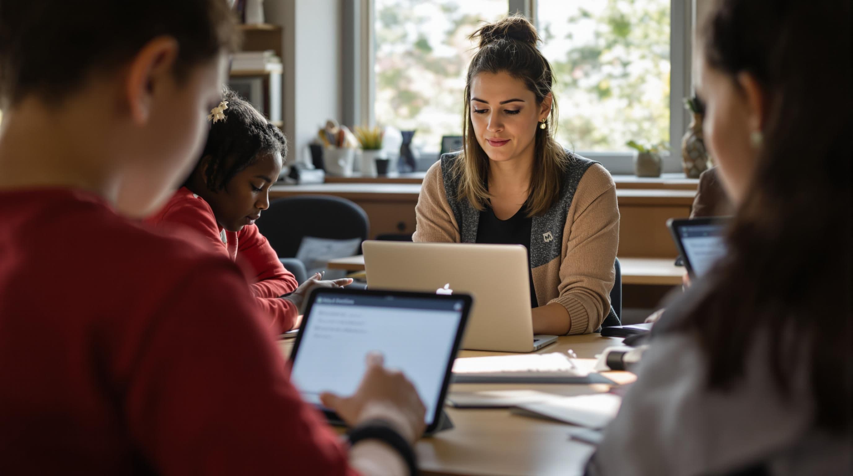 교사와 학생들이 수업에서 디지털 도구를 사용하여 자기 성찰을 하고 있습니다.