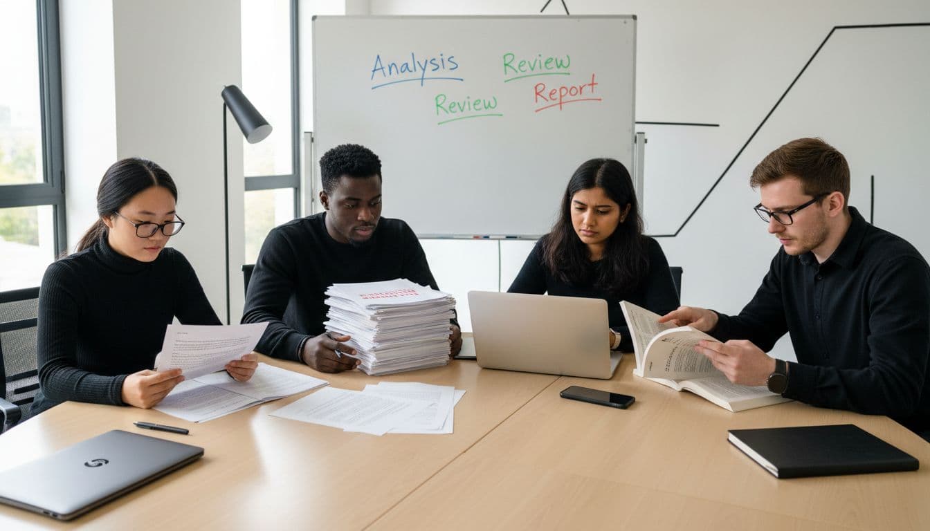 Students collaborating on various writing forms