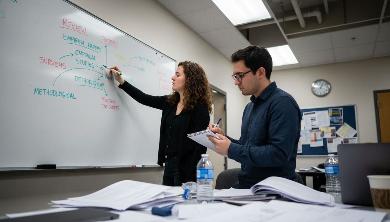 Studenten die onderzoeksartikeltypen bespreken