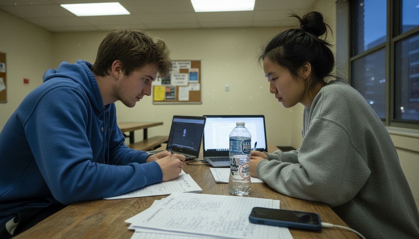 Estudantes em lounge mostrando exemplos de plágio