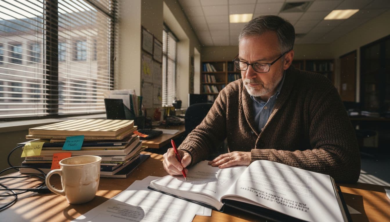 교수가 학생의 논문 초안을 검토하는 모습