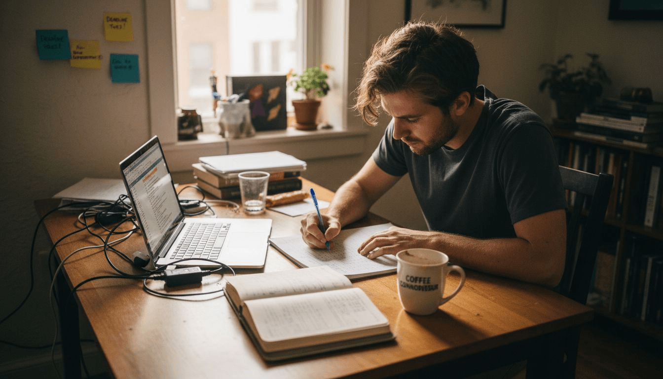 학생이 집에서 과학 에세이 방법론을 분석하는 모습
