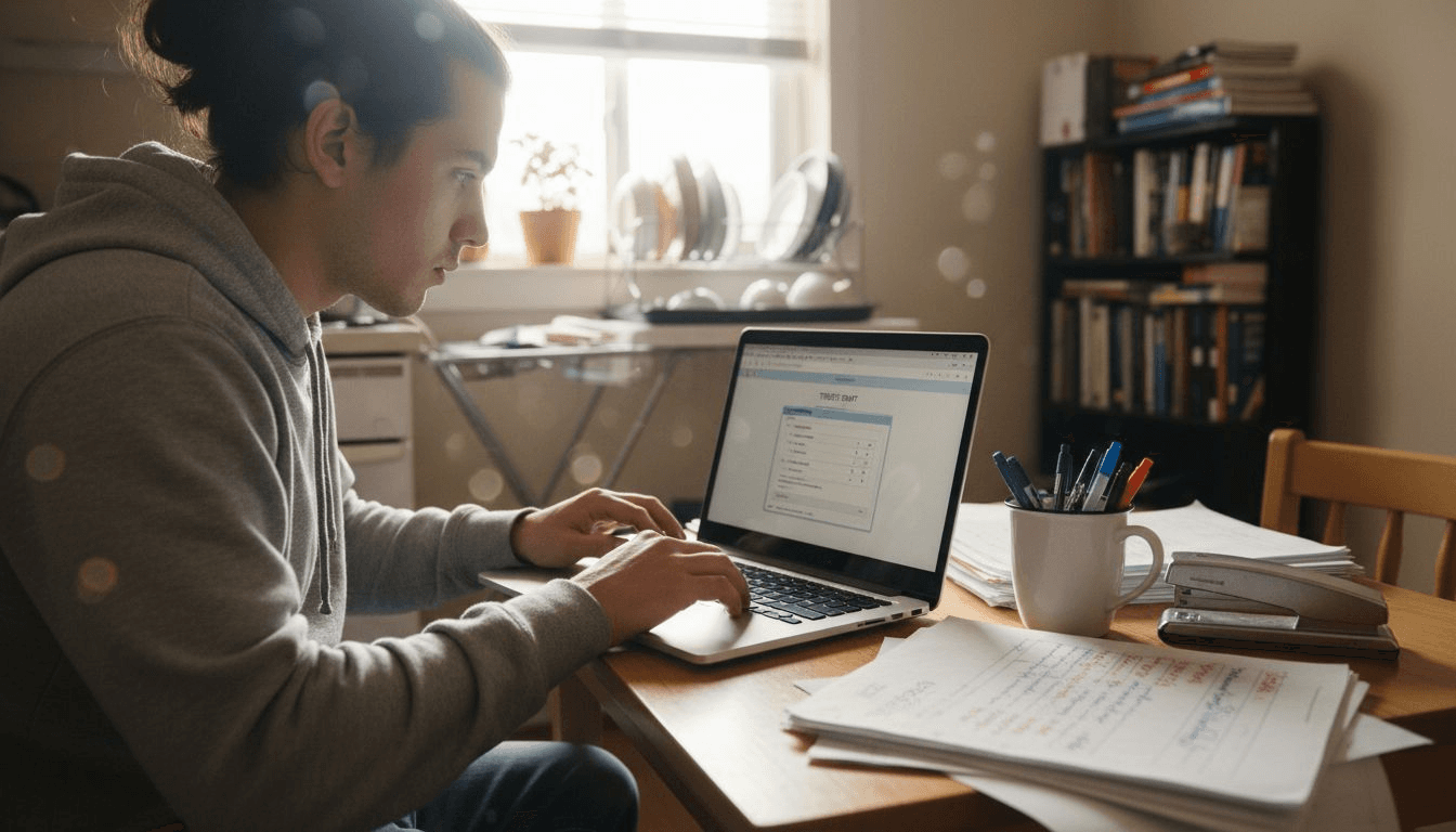 Student passt die Formatierung eines Essays am Esstisch an