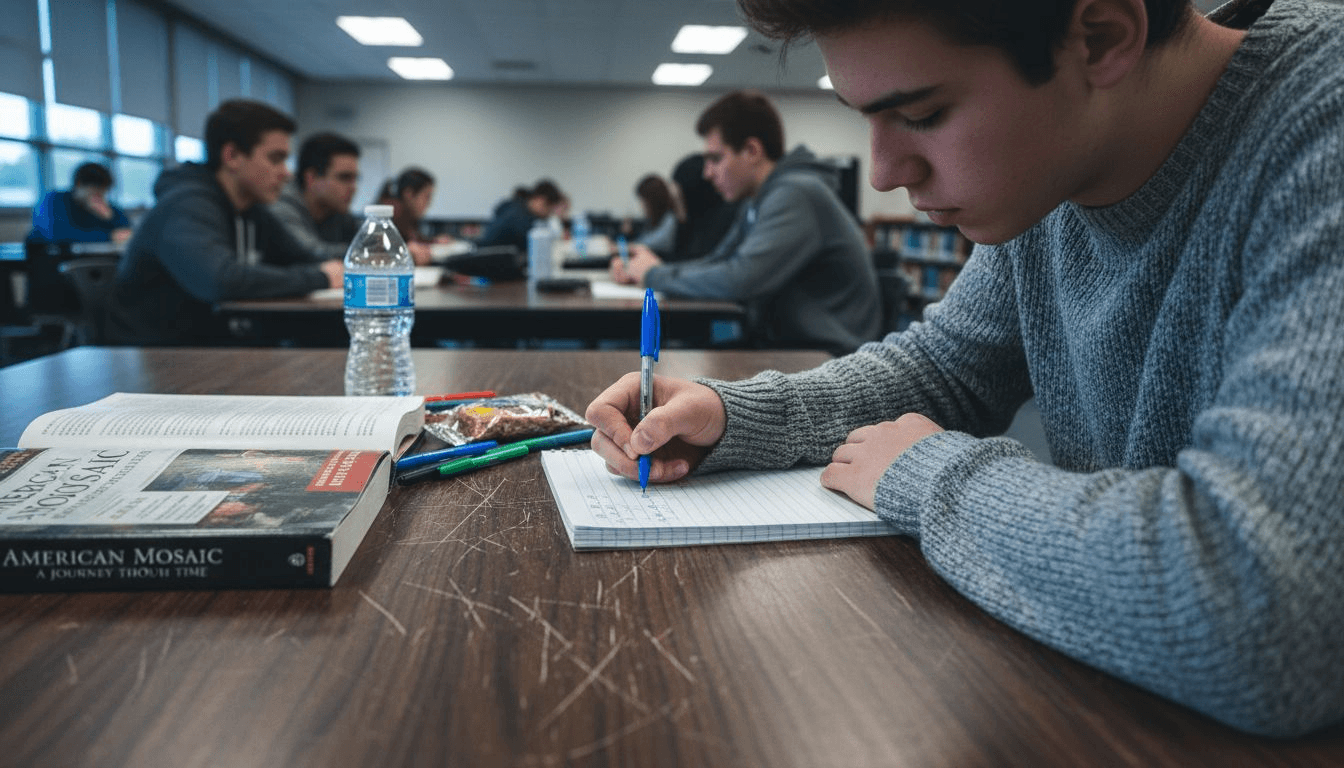 도서관에서 에세이를 쓰는 고등학생