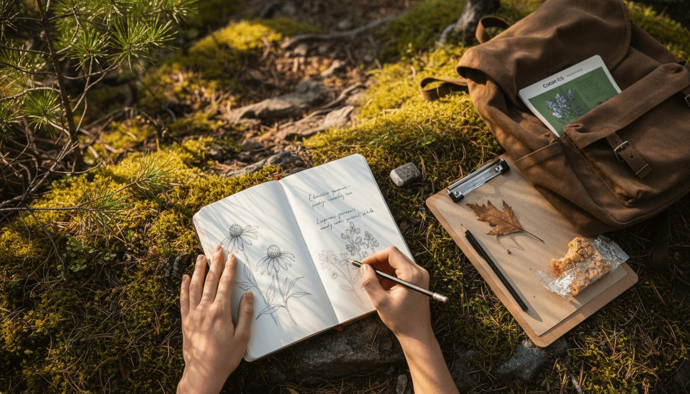 Manos creando un diario de naturaleza con bocetos botánicos