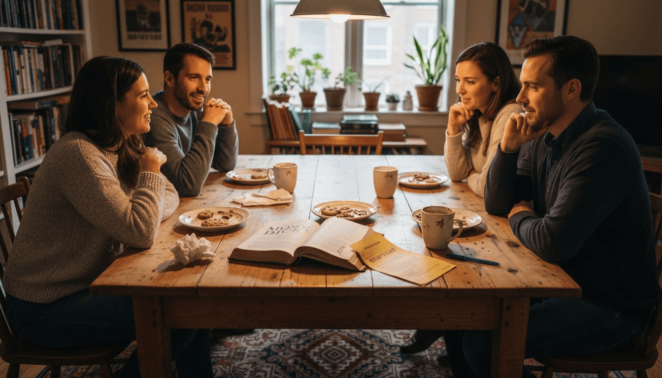 Groupe analysant un roman à la table de la cuisine