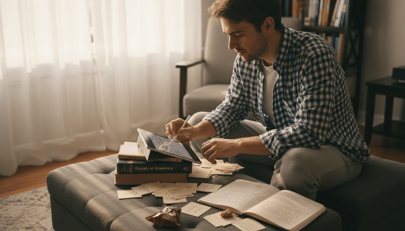 Redactando esquema académico en un entorno hogareño casual
