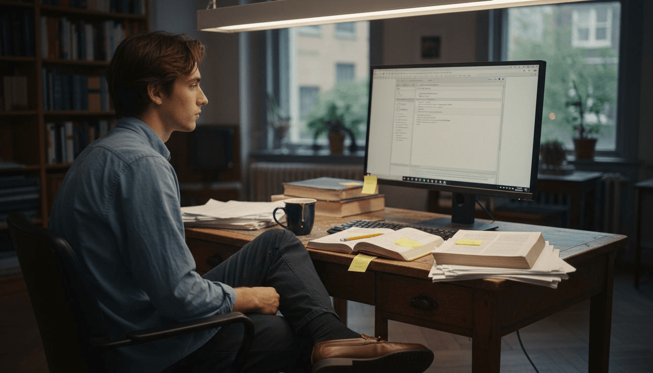 Onderzoeker controleert APA-papieropmaak op monitor