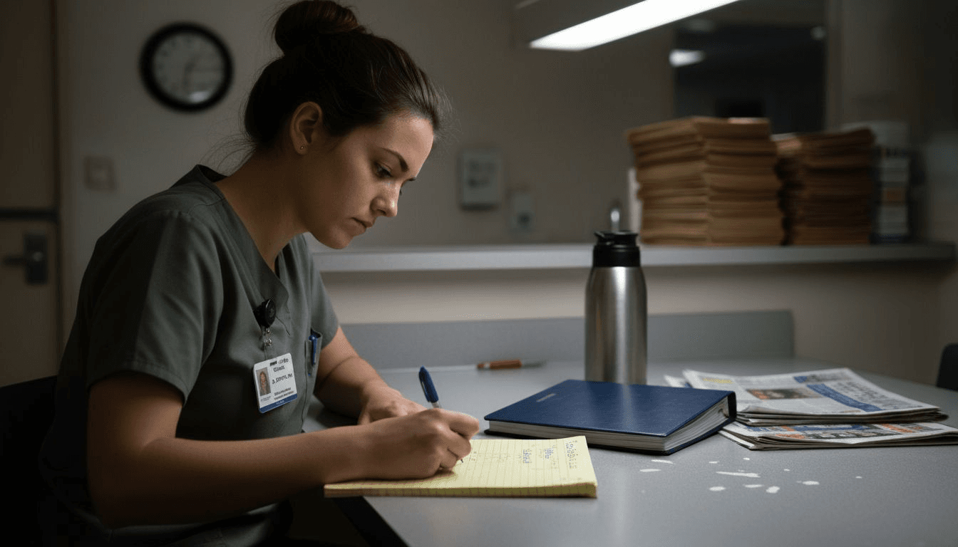 Nurse creating outline in break room