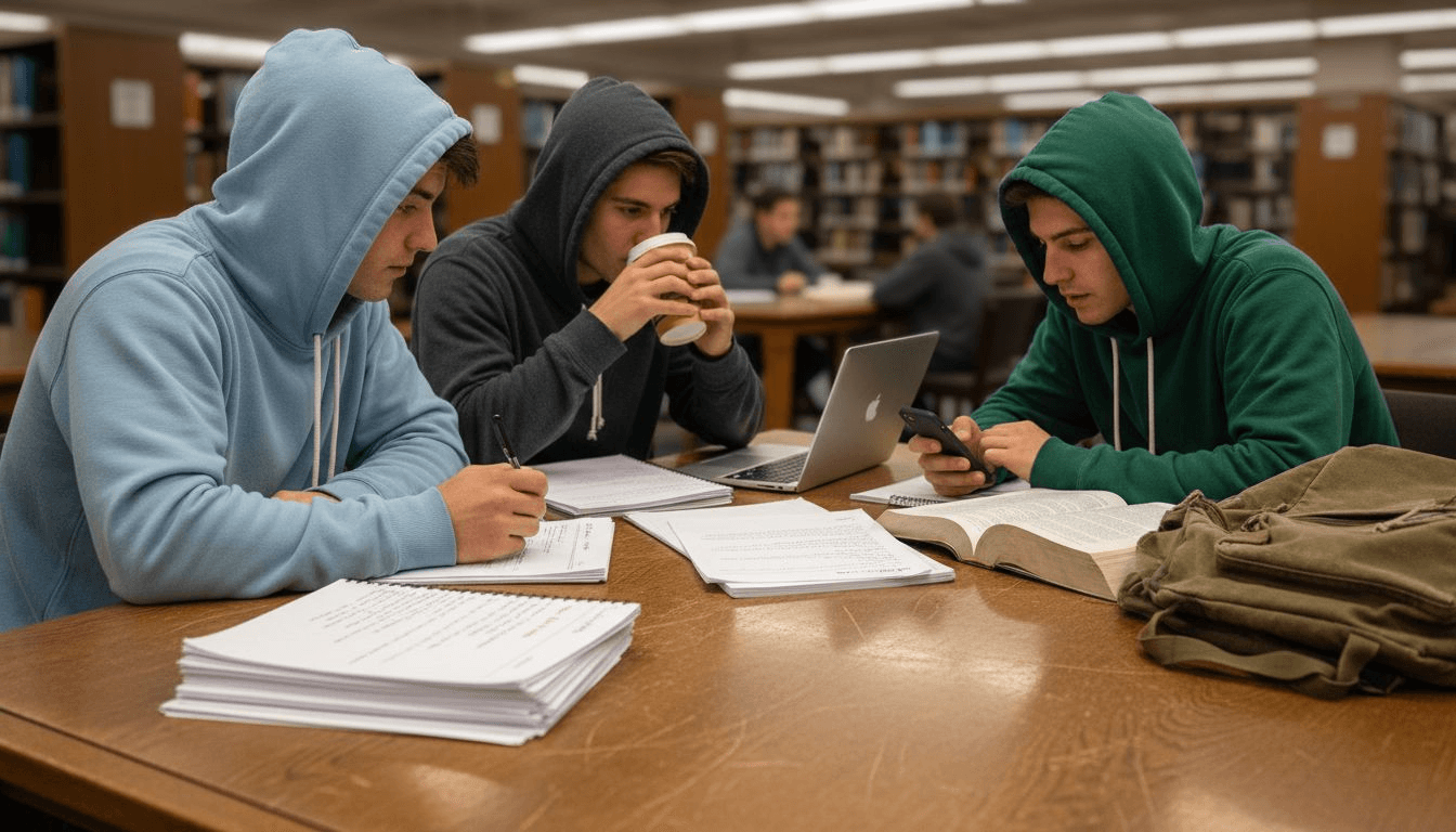 Students reviewing printed essay examples together