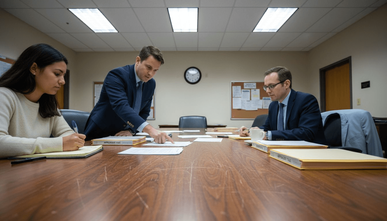 Équipe dadmission universitaire examinant des dossiers dessais