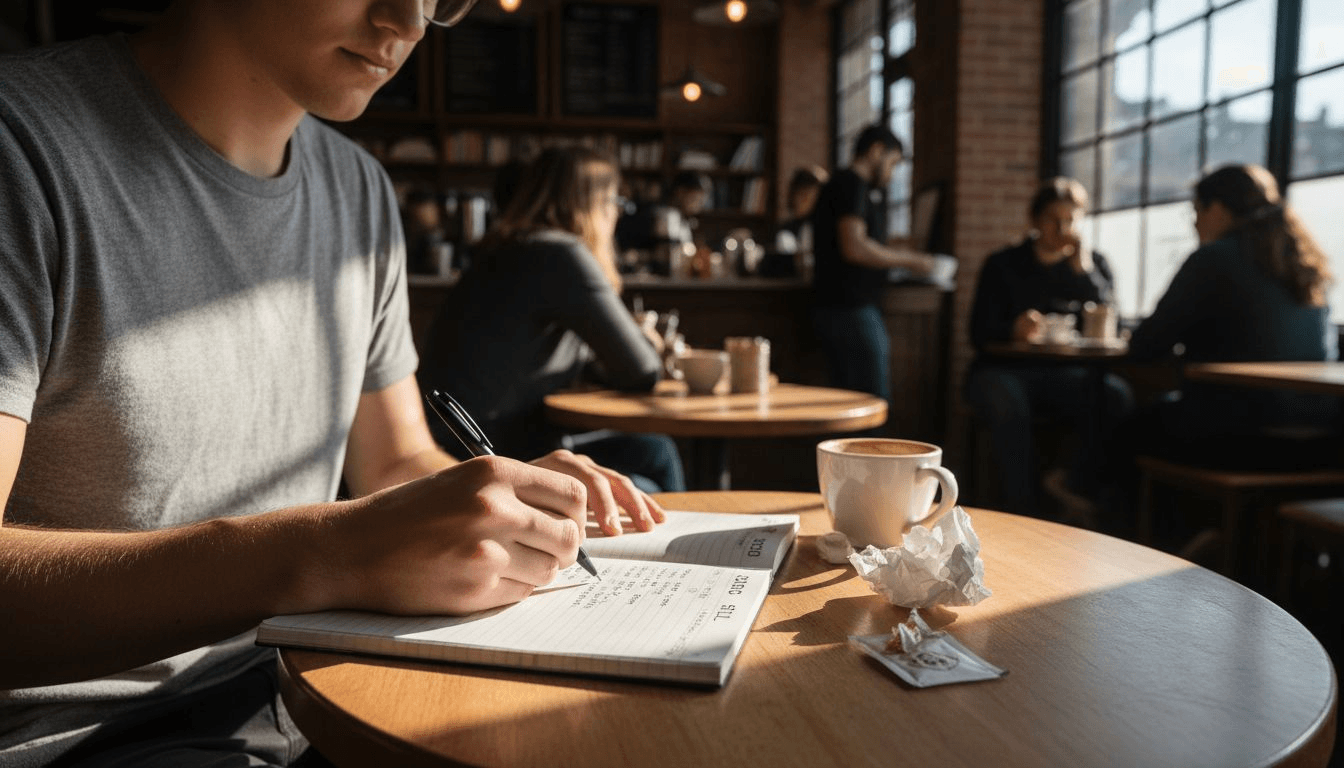 Étudiant notant des détails sensoriels dans un café