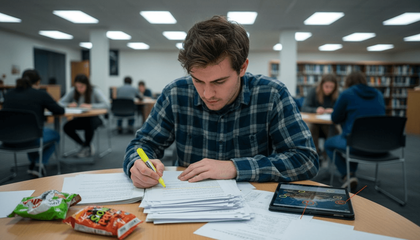Student die argumenten in een kunstessay markeert