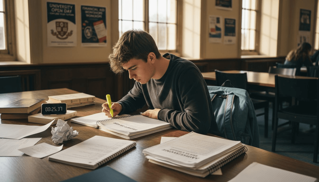 Étudiant révisant des guides de déclaration personnelle à la bibliothèque