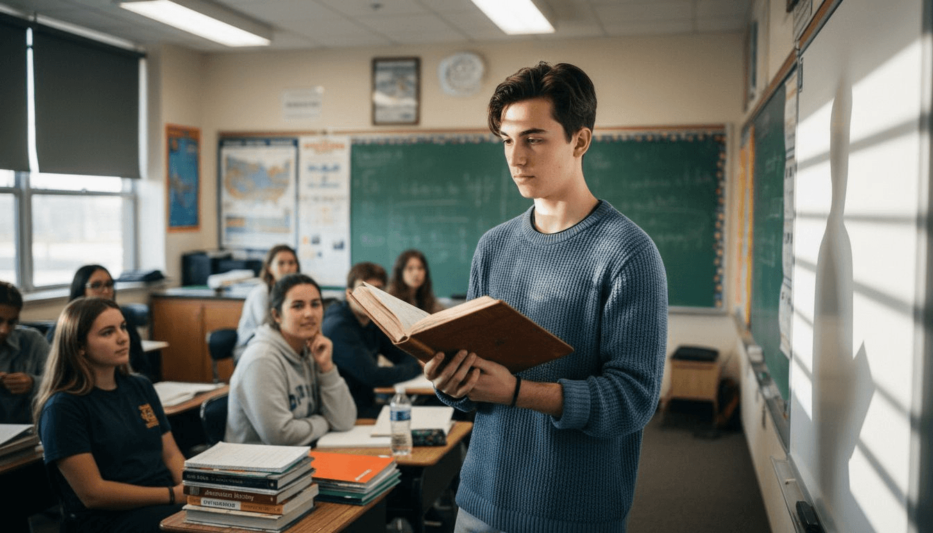 Student präsentiert persönliche Geschichte vor Klassenkameraden