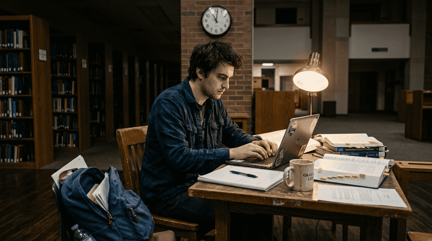 Graduiertenstudent, der spät an einem Bibliothekstisch tippt
