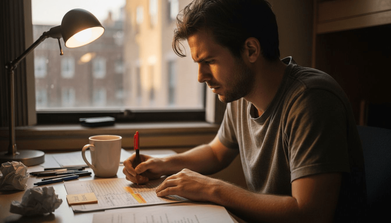 Estudiante editando borrador impreso de introducción de tesis
